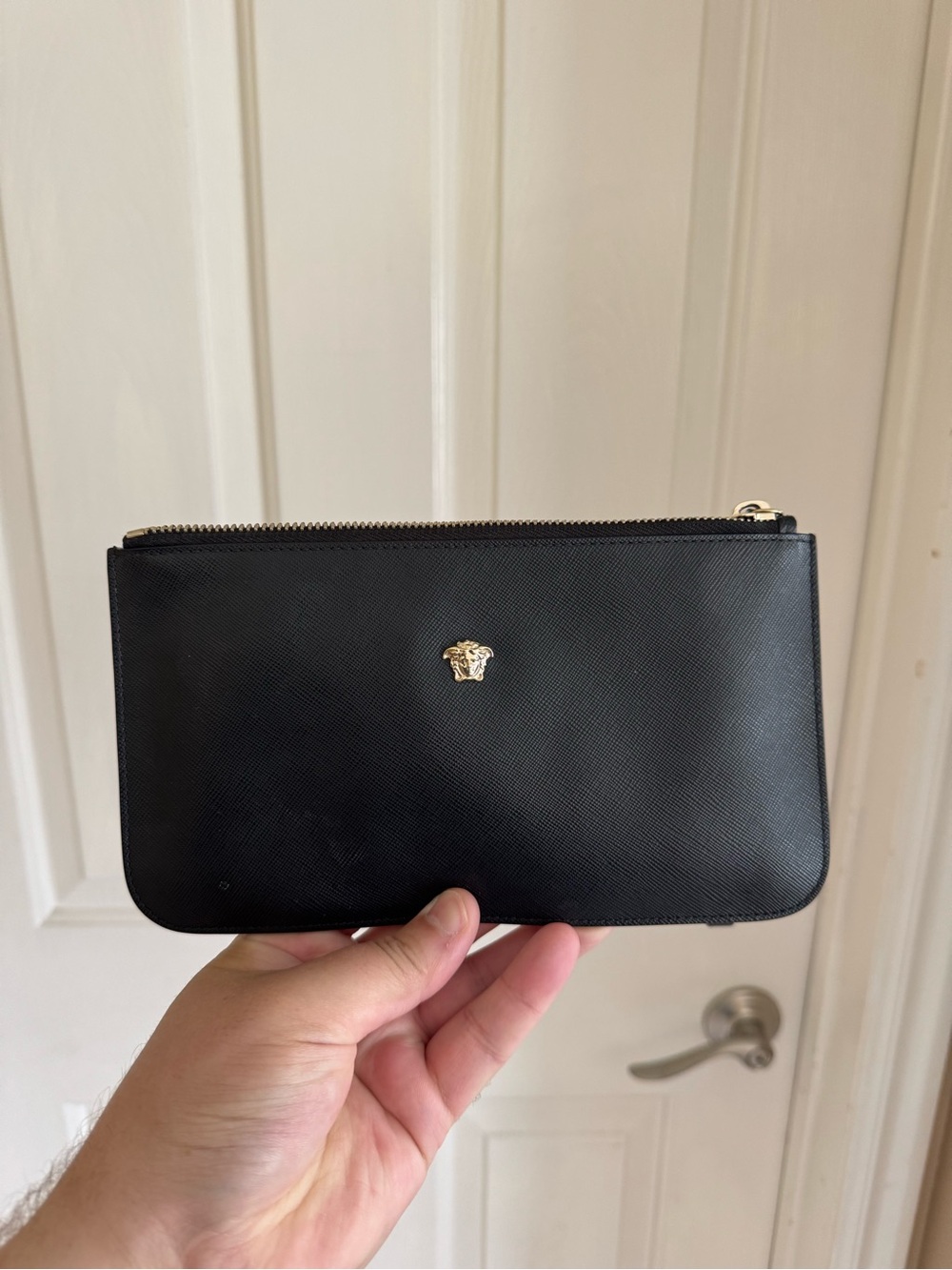 Versace Black Leather Zip Pouch with Gold Hardware
